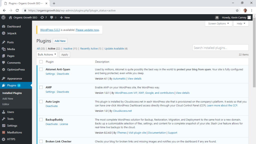 Screen shot of Plugins within a WordPress Dashboard