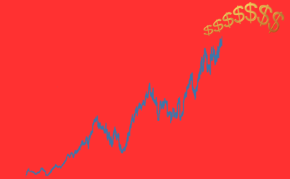 Image of a dark blue upgraph against a neon red background, leading up to gold dollar signs