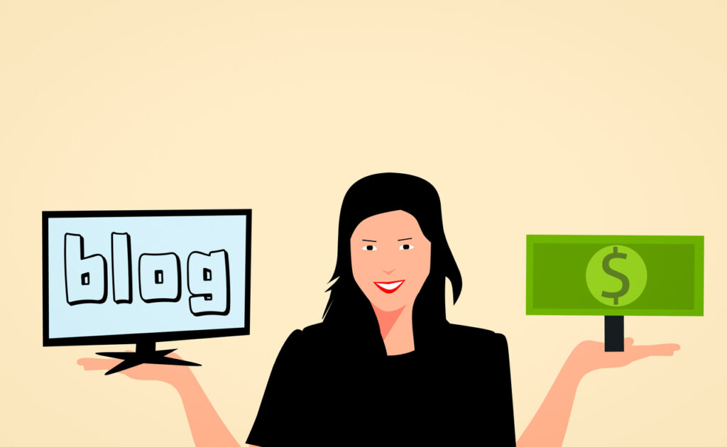 Image is a cartoon showing a woman holding a monitor with the word "blog" on it in one hand and money in the other