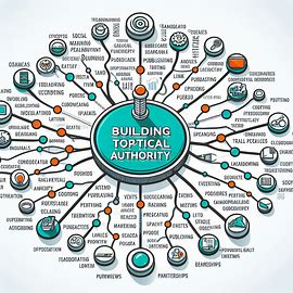 The AI generated image shows a number of factors, represented as small circles around the perimeter of a larger circle being relevant to the building of topical authority, which is represented by the larger circle in the center.