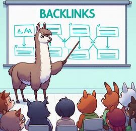 This AI generated image of a llama standing in front of a whiteboard with a pointer giving a lecture on the topic of backlinks to an audience of other animals accompanies a blog post whose title is "What is the difference between backlinks and topical authority?"