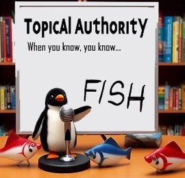 AI generated image showing a penguin giving a lecture about fish.