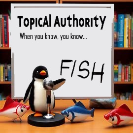 AI generated image showing a penguin giving a lecture about fish.