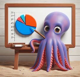 This AI generated image of a purple octopus standing in front of a whiteboard using a pointer to point at a pie chart accompanies a blog post titled "What is the topical authority ratio?".