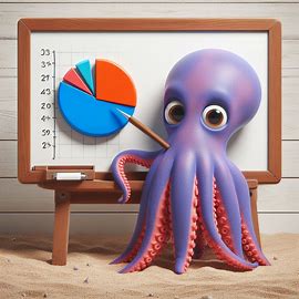 This AI generated image of a purple octopus standing in front of a whiteboard using a pointer to point at a pie chart accompanies a blog post titled "What is the topical authority ratio?".