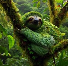 This AI generated picture of a sloth having turned itself green (which they can do) to be harder to see in the rainforest canopy, was created to accompany a blog post titled "As regards SEO, what is topical relevance?".