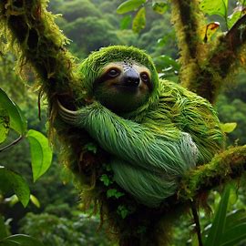 This AI generated picture of a sloth having turned itself green (which they can do) to be harder to see in the rainforest canopy, was created to accompany a blog post titled "As regards SEO, what is topical relevance?".