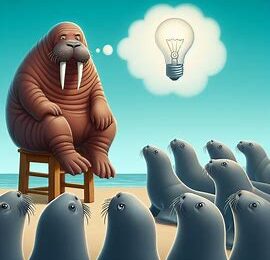 This AI generated image shows a walrus setting on a stool in front of an audience of seals having a "great thought" represented by a light bulb in a thought bubble. It accompanies a blog post titled "Why is it important to build topical authority?" and represents both topical authority and thought leadership.