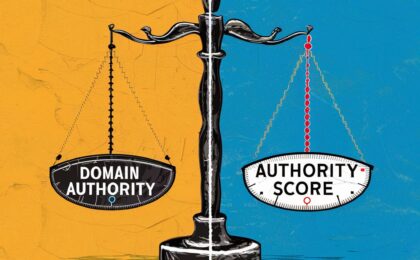 This AI generated image shows a scale with "domain authority" on one side and "authority score" on the other and was created to accompany a blog post whose title is "Are domain authority and authority score the same?".