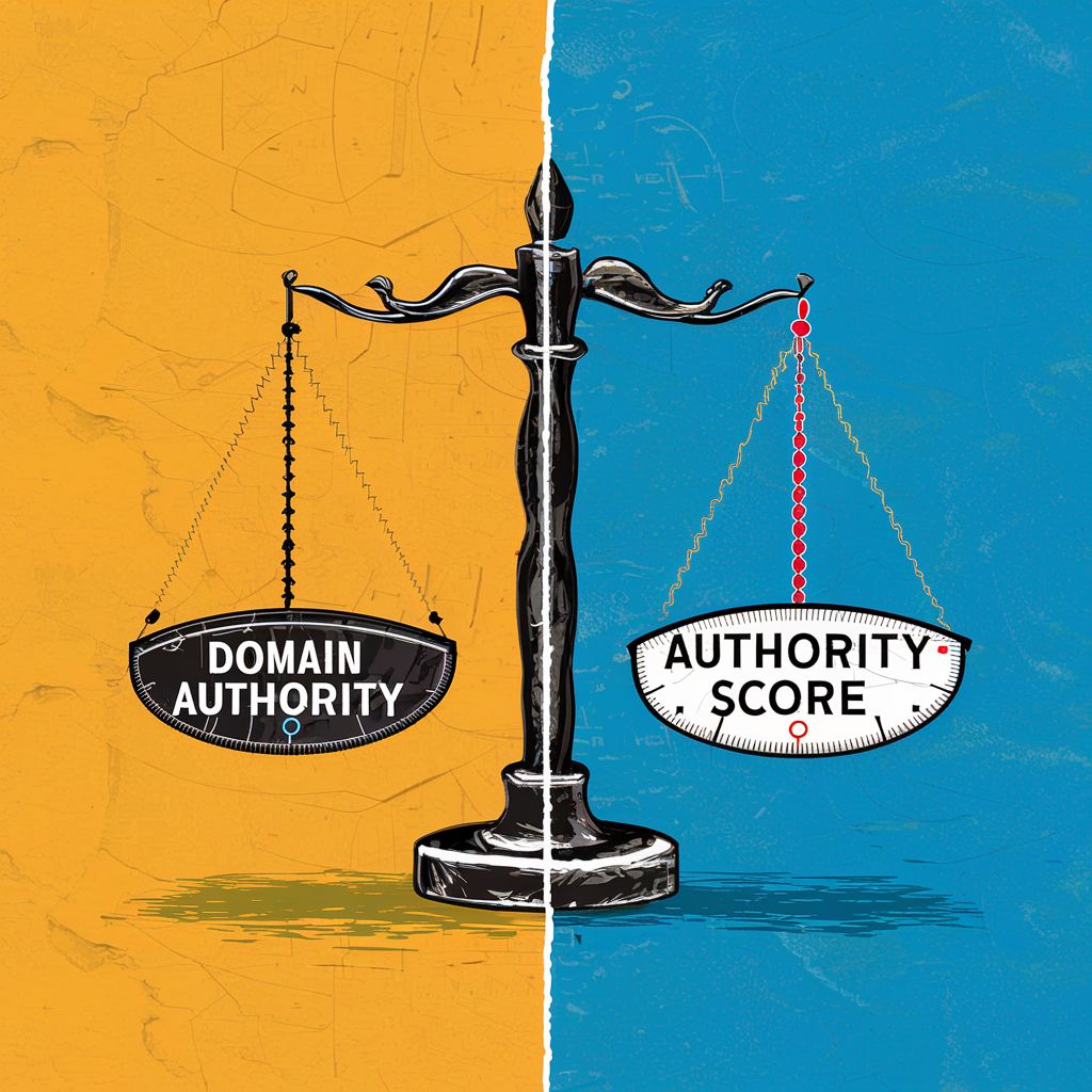 This AI generated image shows a scale with "domain authority" on one side and "authority score" on the other and was created to accompany a blog post whose title is "Are domain authority and authority score the same?".