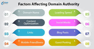 The image shows a graphic of various factors (specifically eight factors) that have an effect on the domain authority score of a website.