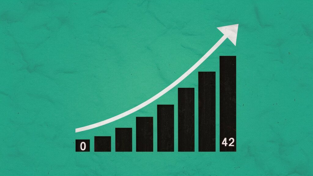 This AI generated image shows a bar graph, increasing in value over time, from 0 to 42. It was created to accompany a blog post titled "How do I find my Domain Authority?".