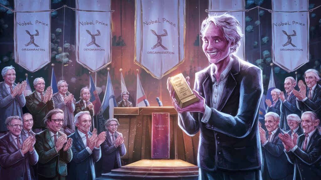 This AI generated image shows a man receiving a Nobel Prize. It was created to accompany a blog post titled "How do I make myself an authority?", which is about topical authority as it related to SEO (search engine optimization).