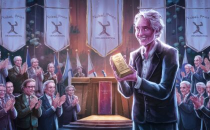 This AI generated image shows a man receiving a Nobel Prize. It was created to accompany a blog post titled "How do I make myself an authority?", which is about topical authority as it related to SEO (search engine optimization).