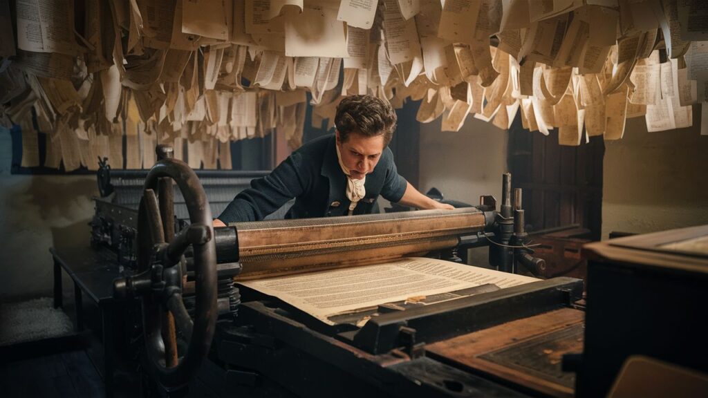 This AI generated image shows a man operating an 18th century printing machine, in a print shop with freshly printed documents hanging overhead to dry. This image was created to accompany a blog post titled "How do you build authority with content?".