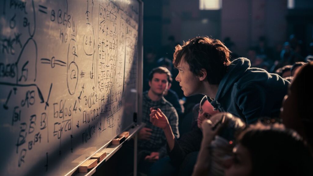 This AI generated image shows someone looking closely at a whiteboard filled with symbols while other people look on. It was created to accompany a blog post whose title is "How do you create a topical cluster?".