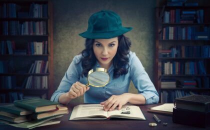 This AI generated image shows a woman wearing a "Sherlock Holmes" style hat examining a book with a magnifying glass. It was created for a blog post titled "How do you determine content authority?".