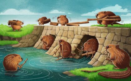 This AI generated image shows a group of beavers carry8ng stick up to and into a dam they've built out of stone. It was created to accompany a blog post whose title is 'How do you increase topical authority?".