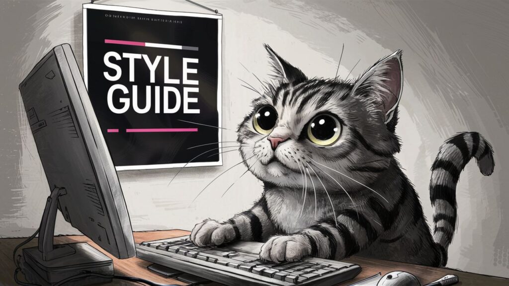 This AI generated image shows a kitten typing on a computer and on the wall in the background is a post containing the words "style guide". It was created for a blog post whose title is "How does topical authority work?".