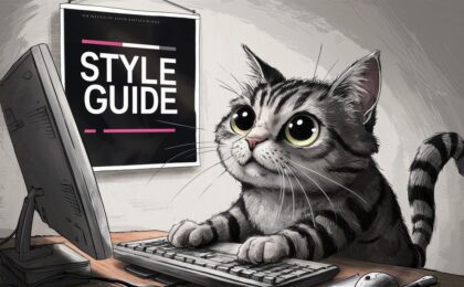 This AI generated image shows a kitten typing on a computer and on the wall in the background is a post containing the words "style guide". It was created for a blog post whose title is "How does topical authority work?".