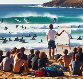 The AI generated image shows a man standing in front of a whiteboard at a beach, with an audience of people sitting on the beach. He appears to be giving a lecture on surfing as we see people suring into short in the background of the image.