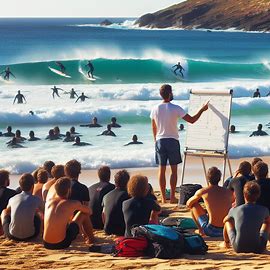 The AI generated image shows a man standing in front of a whiteboard at a beach, with an audience of people sitting on the beach. He appears to be giving a lecture on surfing as we see people suring into short in the background of the image.