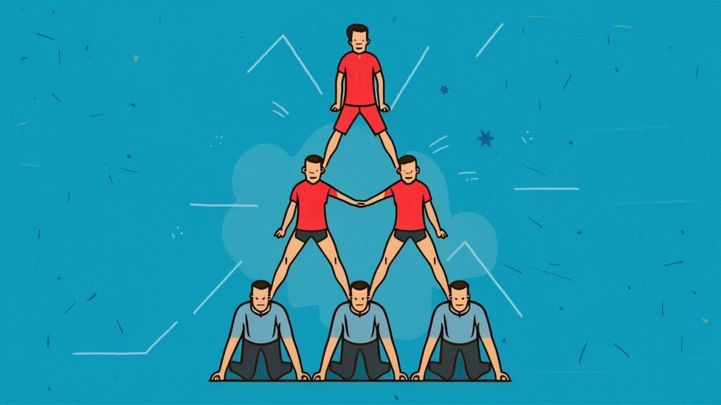 This AI generated image shows a human pyramid with three people wearing blue shirts on the bottom layer and three people wearing red shirts making up the 2nd and the top layer. It was created for a blog post titled "What are the 4 pillars of SEO?".