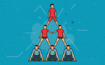 This AI generated image shows a human pyramid with three people wearing blue shirts on the bottom layer and three people wearing red shirts making up the 2nd and the top layer. It was created for a blog post titled "What are the 4 pillars of SEO?".