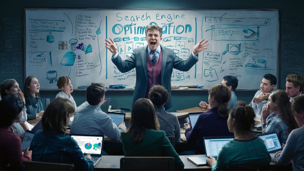 The AI generated image shows a professor giving a lecture on the concept of Search Engine Optimization. We know this because of what's on the whiteboard behind him. This image was created to accompany a blog post titled "What does SEO authority mean?".