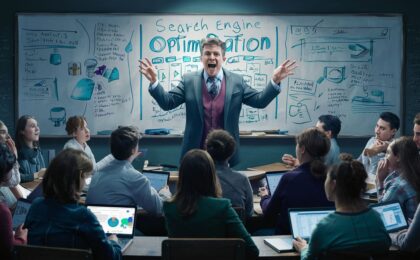 The AI generated image shows a professor giving a lecture on the concept of Search Engine Optimization. We know this because of what's on the whiteboard behind him. This image was created to accompany a blog post titled "What does SEO authority mean?".