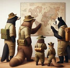 The AI generated image shows a bunch of animals (bears mostly) dressed in Khaki's, wearing backpacks, and consulting a map that is hanging on the wall. It was created for a blog post whose title is "What is a topical map for SEO?".