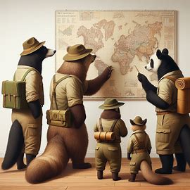 The AI generated image shows a bunch of animals (bears mostly) dressed in Khaki's, wearing backpacks, and consulting a map that is hanging on the wall. It was created for a blog post whose title is "What is a topical map for SEO?".