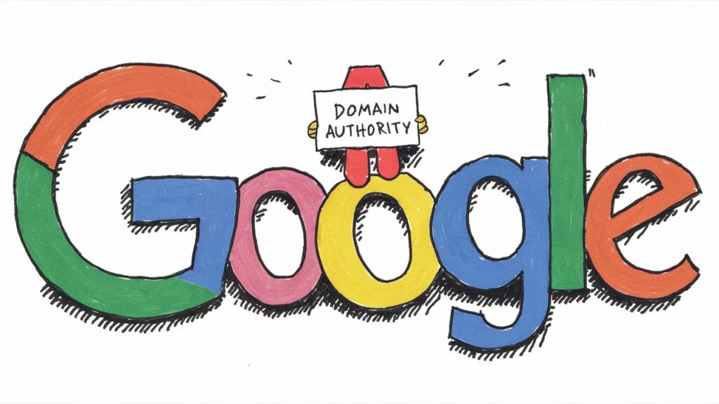 This AI generated image shows a cartoon version of the word "Google" in the usual colors with a cartoon character sitting on the 2nd letter "o" holding a sign that says "domain authority". It was created for a blog post titled "Does Google use domain authority?".