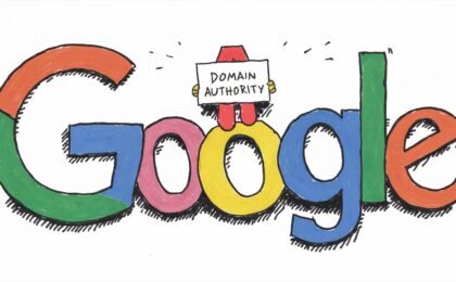 This AI generated image shows a cartoon version of the word "Google" in the usual colors with a cartoon character sitting on the 2nd letter "o" holding a sign that says "domain authority". It was created for a blog post titled "Does Google use domain authority?".