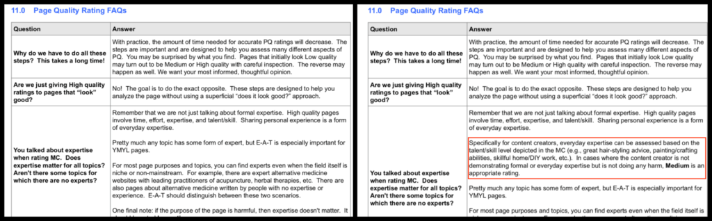 The image shows a comparison of two different versions of section 11.0 (Page Quality Rating FAQs) of the Google Search Quality Evaluator Guidelines.