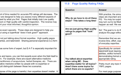 The image shows a comparison of two different versions of section 11.0 (Page Quality Rating FAQs) of the Google Search Quality Evaluator Guidelines.