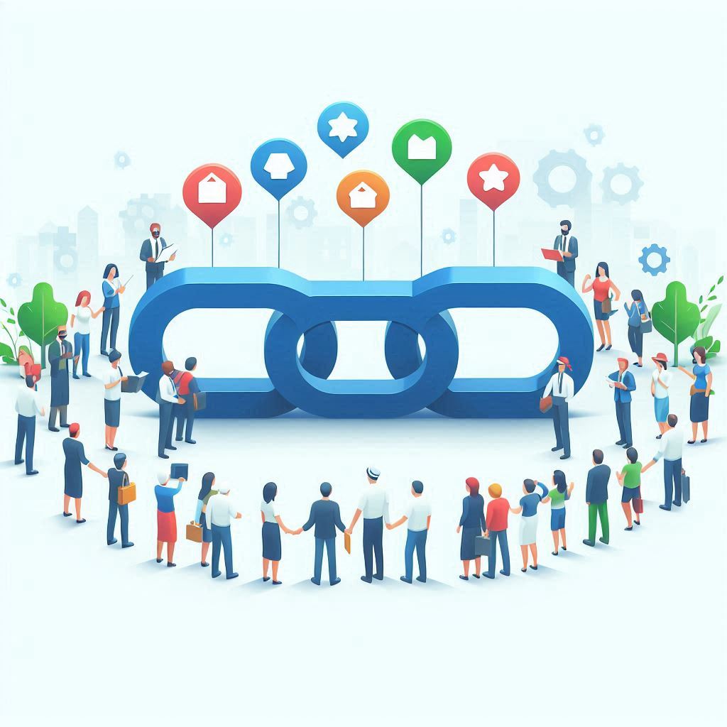 The image shows a group of people forming a semicircle around three MASSIVE links of a short chain with various indicators of "internet" document types.