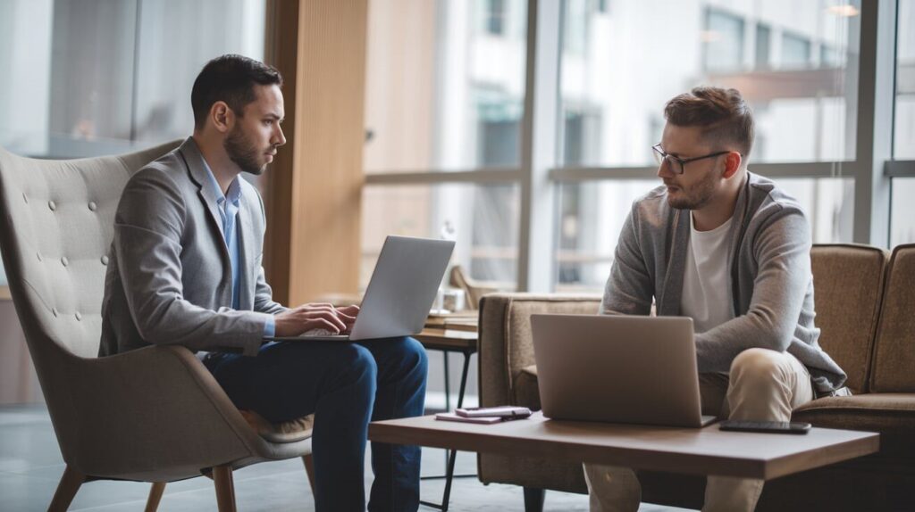 Image shows two people sitting with laptops , talking.