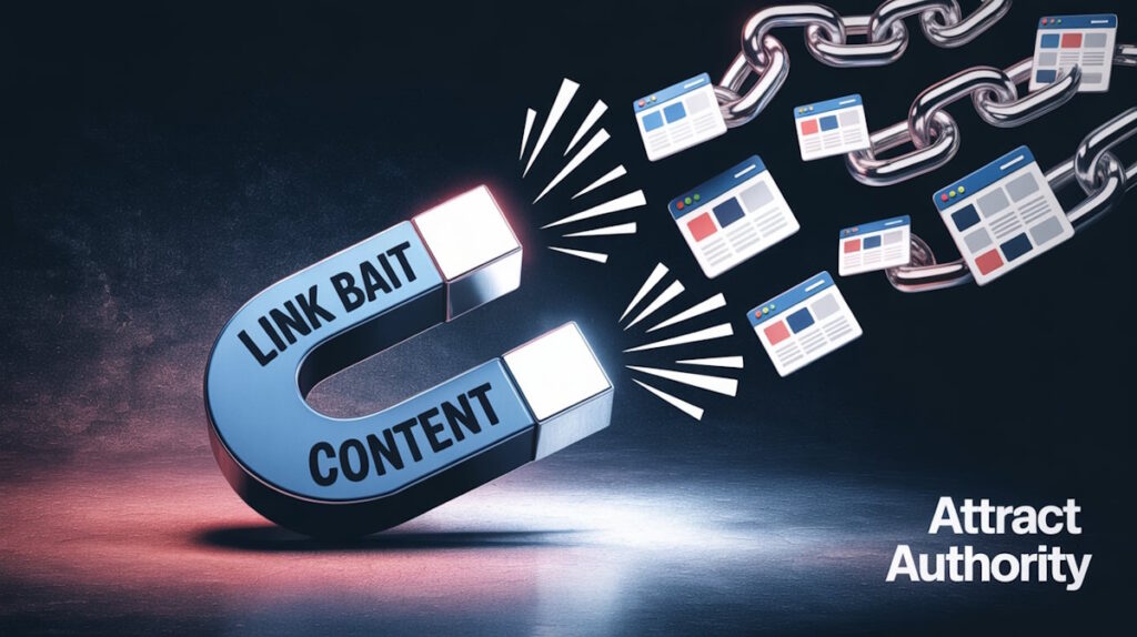 The image shows a magnet, with the word "link bait content" written on it, attracting webpages and chains made of links. The works "Attract Authority" appear in the lower right corner of the image.