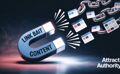 The image shows a magnet, with the word "link bait content" written on it, attracting webpages and chains made of links. The works "Attract Authority" appear in the lower right corner of the image.