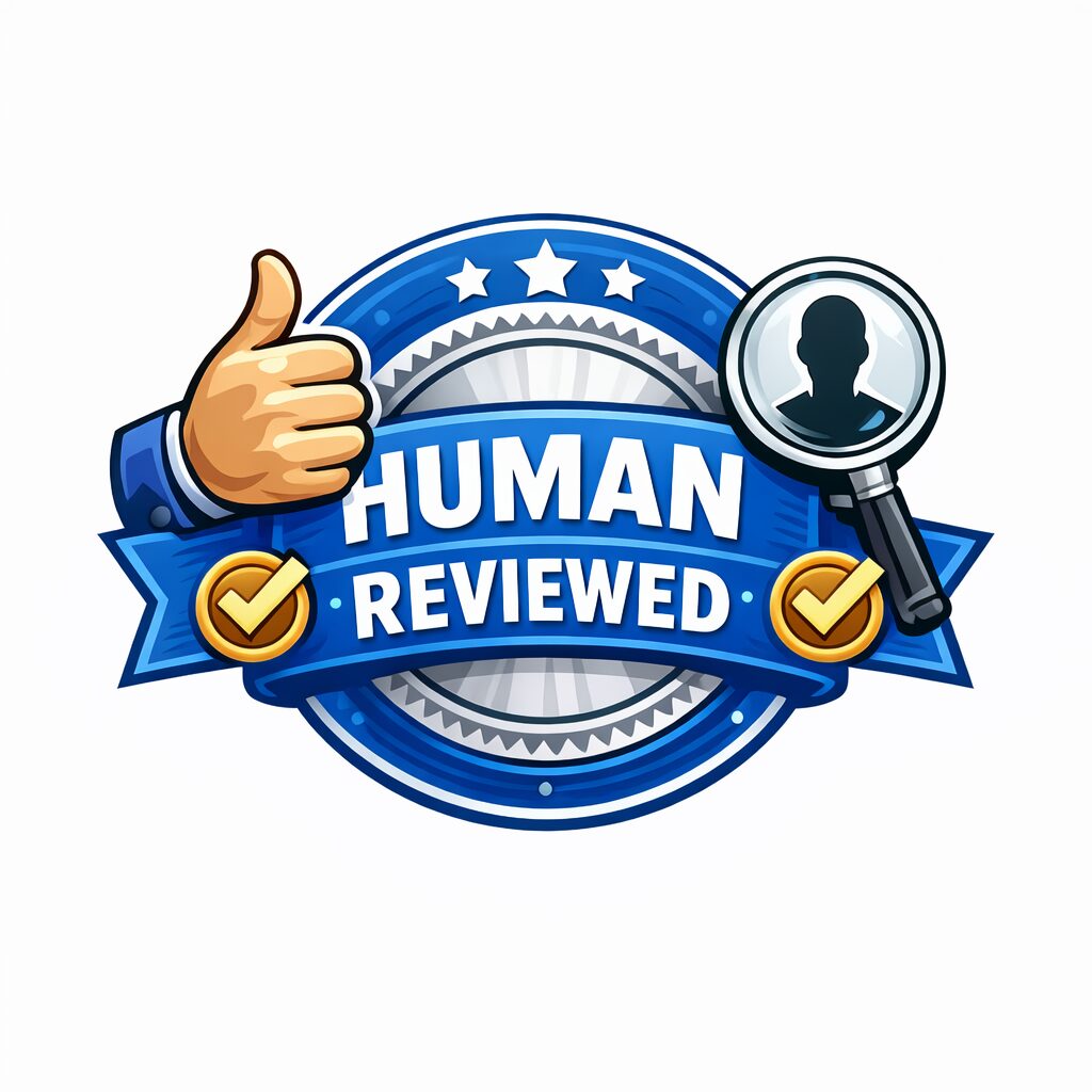 HumanReviewedBadge Badge-style illustration reading “HUMAN REVIEWED” in bold white text on a blue (#3b77ab) ribbon over a circular seal, with a thumbs-up icon on the left, a magnifying glass showing a person silhouette on the right, and gold checkmark medallions and stars around the border.